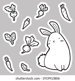 Cute rabbit and seasonal vegetables. Beets, carrots, lettuce. Stickers. Coloring page. 