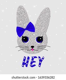 Cute rabbit in sequins with bow. Sequins Slogan Hey. Bunny cute print. Can be used for kids or babies t shirt design. Fashion print graphic. Cartoon animal illustration