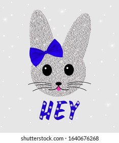 Cute rabbit in sequins with bow. Sequins Slogan Hey. Bunny cute print. Can be used for kids or babies t shirt design. Fashion print graphic. Cartoon animal illustration