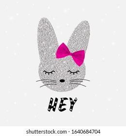 Cute rabbit in sequins with bow. Sequins Slogan Hey. Bunny cute print. Can be used for kids or babies t shirt design. Fashion print graphic. Cartoon animal illustration