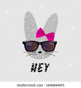 Cute rabbit in sequins with bow and sunglasses. Sequins Slogan Hey. Bunny cute print. Can be used for kids or babies t shirt design. Fashion print graphic. Cartoon animal illustration