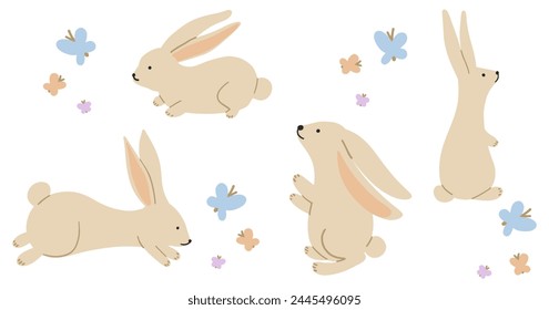 Cute rabbit set. Adorable bunny collection. Hand drawing animals. Cartoon rabbits in kids drawn style. Childish vector illustration isolated on white background