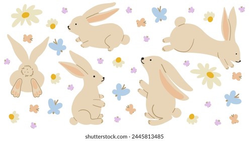 Lindo juego de conejos. Adorable colección de conejito. Dibujo a mano de animales. Conejos de dibujos animados en estilo dibujado para niños. Ilustración vectorial infantil aislada sobre fondo blanco