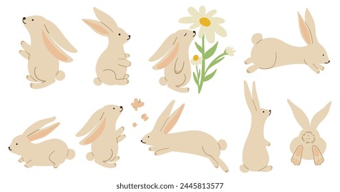 Cute rabbit set. Adorable bunny collection. Hand drawing animals. Cartoon rabbits in kids drawn style. Childish vector illustration isolated on white background