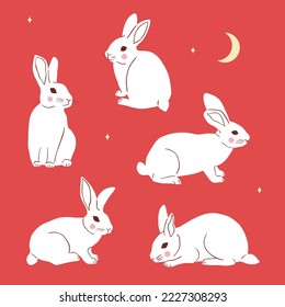 Cute rabbit set. Chinese New Year character hand drawn collection. Vector illustration