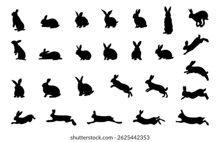 Cute rabbit shadow set, different poses separated. Rodent mammal. Vector illustration.