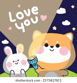 Cute rabbit and shiba inu dog hold flashlight to night sky background with love you text.Star and cloud.Japanese pet animal character cartoon design.Kawaii.Vector.illusration.