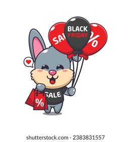 cute rabbit with shopping bag and balloon at black friday sale cartoon vector illustration