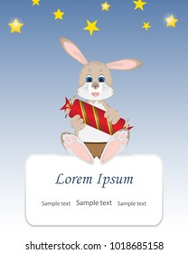Cute rabbit shorts sitting,holding in paws a big candy.Background,glow bright yellow stars in the night sky.Baby shower template,birthday party,invitation, arrival.Vector illustration.Space for text