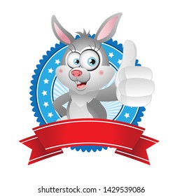Cute rabbit showing a thumbs up gesture with ribbon banner award