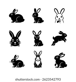  Cute rabbit silhouette collection with different bunny poses in black and white on a white background