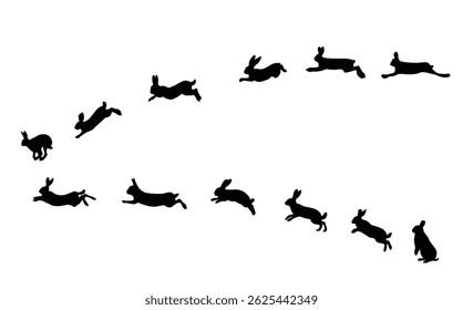 Cute rabbit silhouette set in running and jumping poses separated. Mammal. Vector illustration.