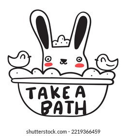 Un conejo lindo sentado en un baño. Frase: bañarse. Icono de contorno sobre fondo blanco.