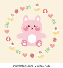 Cute rabbit sit in circle icon tiny frame cartoon hand drawn.Floral frame.Logo.Pastel color.Bakery,cake,sweet,strawberry.Bunny.Kawaii.Vector.Illustration.