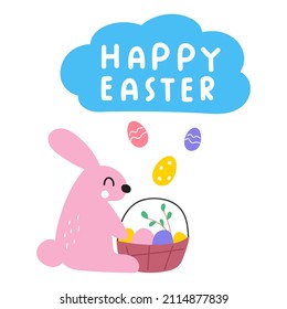 Cute rabbit sit with Easter basket. Happy Easter. Vector illustration on white background. 