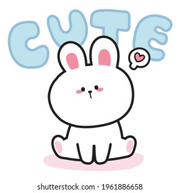 El conejo lindo se sienta con el corazón sobre fondo blanco.Diseño de carácter animal.Imagen.Aislada.Gráfico Art.Kid.Sticker.Kawaii.Vector.Ilustración.