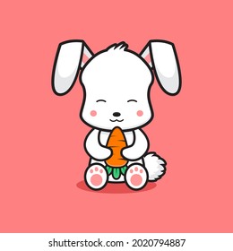 Cute rabbit sit holding carrot cartoon icon illustration. Design isolated flat cartoons style