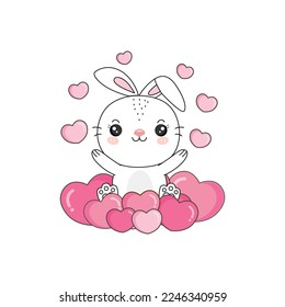 Cute rabbit sit on hearts .Cartoon character design for Valentine's Day.