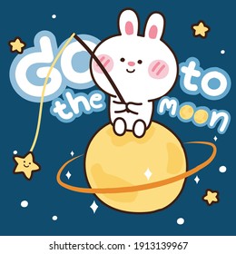 Cute rabbit sit on the planet.Cartoon character design.Animal hand drawn.Star.Moon.Kid graphic.Vector.Illustration.