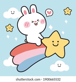 El conejo lindo se sienta en la estrella del arco iris.Diseño de los animales.Fondo del cielo.Gráfico infantil.Kawaii.Vector.Ilustración.