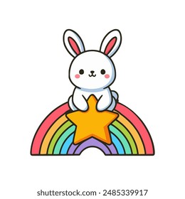 cute rabbit sit on rainbow star vector illustration template design