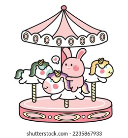 Cute rabbit sit on unicorn carousel in theme park.Amusement park.Cartoon character design.Animal hand drawn.Play and fun time.Kawaii.Vector.Illustration.