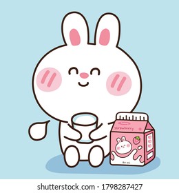 Cute rabbit sit with strawberry milk box.Cartoon animal.Kawaii.Vector.Illustration.