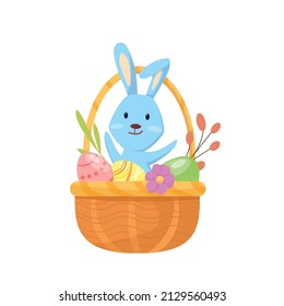 A cute rabbit sits in a basket with eggs and flowers.
The concept of the spring holiday Easter. Vector cartoon illustration.