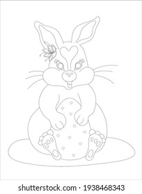 A cute rabbit sits and holds an Easter egg in its paws. Festive coloring for children. Vector illustration