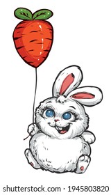 cute rabbit sits and holds an inflatable carrot ball