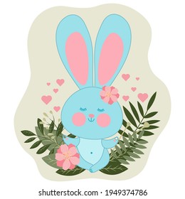 A cute rabbit sits in a lotus position and meditates in nature. Meditating hare among herbs and flowers. Meditation image in flat design.