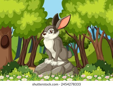 A cute rabbit sitting among vibrant forest flora.
