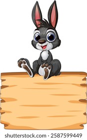 Cute rabbit sitting atop a blank wooden sign