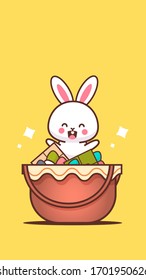 cute rabbit sitting in basket with eggs happy easter bunny sticker spring holiday concept vertical greeting card vector illustration