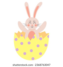 Cute rabbit sitting in a cracked egg. Easter bunny boy. Cartoon forest character.