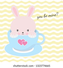 Cute rabbit sitting in cup of coffee with pink hearts. Sweet kids graphics for t-shirts. Greeting card. Vector illustration.