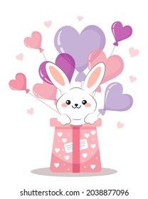 Un conejo lindo está sentado en una caja de regalo con globos en forma de corazón. Ilustración vectorial en un estilo plano para el Día de San Valentín
