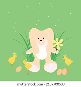 cute rabbit is sitting in the grass with flowers and yellow chickens and eggs. Children's print for postcards, stickers, leaflets, printing