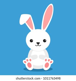 Cute rabbit sitting isolated on blue background. Little bunny white in flay style. Vector illustration