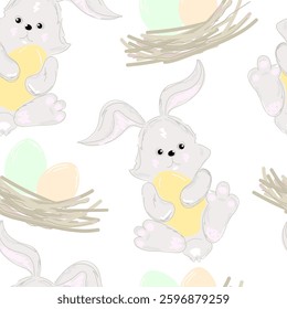 A cute rabbit is sitting in a nest with eggs. Seamless pattern.