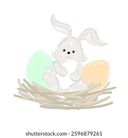 A cute rabbit is sitting in a nest with eggs.