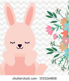 conejo lindo sentado al lado del diseño de la ilustración del vector de flores