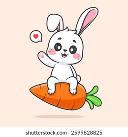 Cute Rabbit Sitting On Carrot Cartoon Vector Icon Illustration. Animal Food Icon Concept Isolated Premium Vector. Flat Cartoon Style