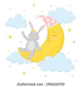 Conejo lindo sentado en la luna creciente. Caricatura divertida para invitación, pancarta, etiqueta de stickers y tarjeta de saludo. Ilustración del vector aislada en un fondo blanco