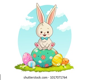 Cute rabbit sitting on Easter eggs  with blue sky background illustration.