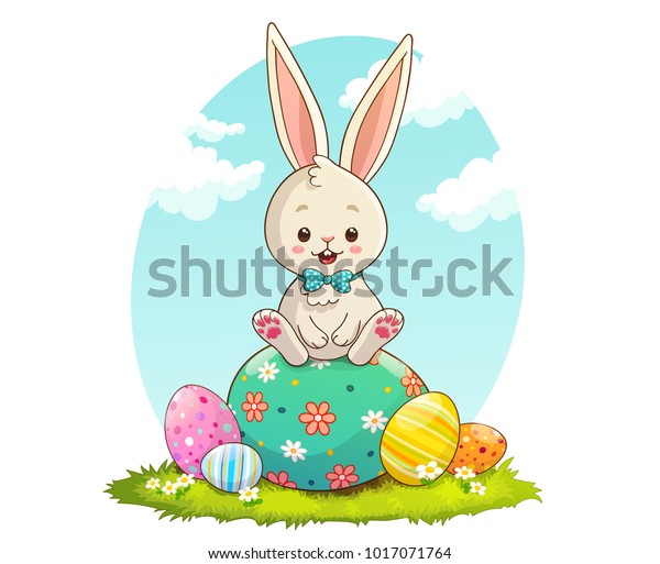Cute Rabbit Sitting On Easter Eggs Stock Vector (Royalty Free) 1017071764