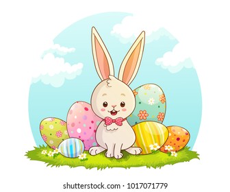 Cute Rabbit Sitting On Easter Eggs Stock Vector (Royalty Free ...