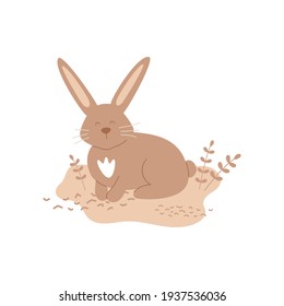 Cute rabbit sitting on the ground. Abstract shape, leaves, texture. Brown colors vector illustration. Baby hare with adorable face. Template for Easter or farming cards, banner, print. Kids poster