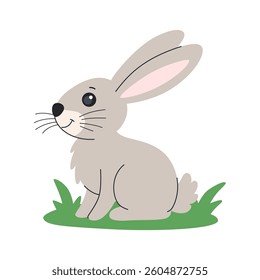 Cute rabbit sitting on the lawn. Cartoon children's bunny. Isolated on white background.