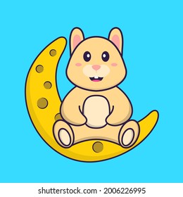 Cute rabbit is sitting on the moon. Animal cartoon concept isolated. Can used for t-shirt, greeting card, invitation card or mascot.